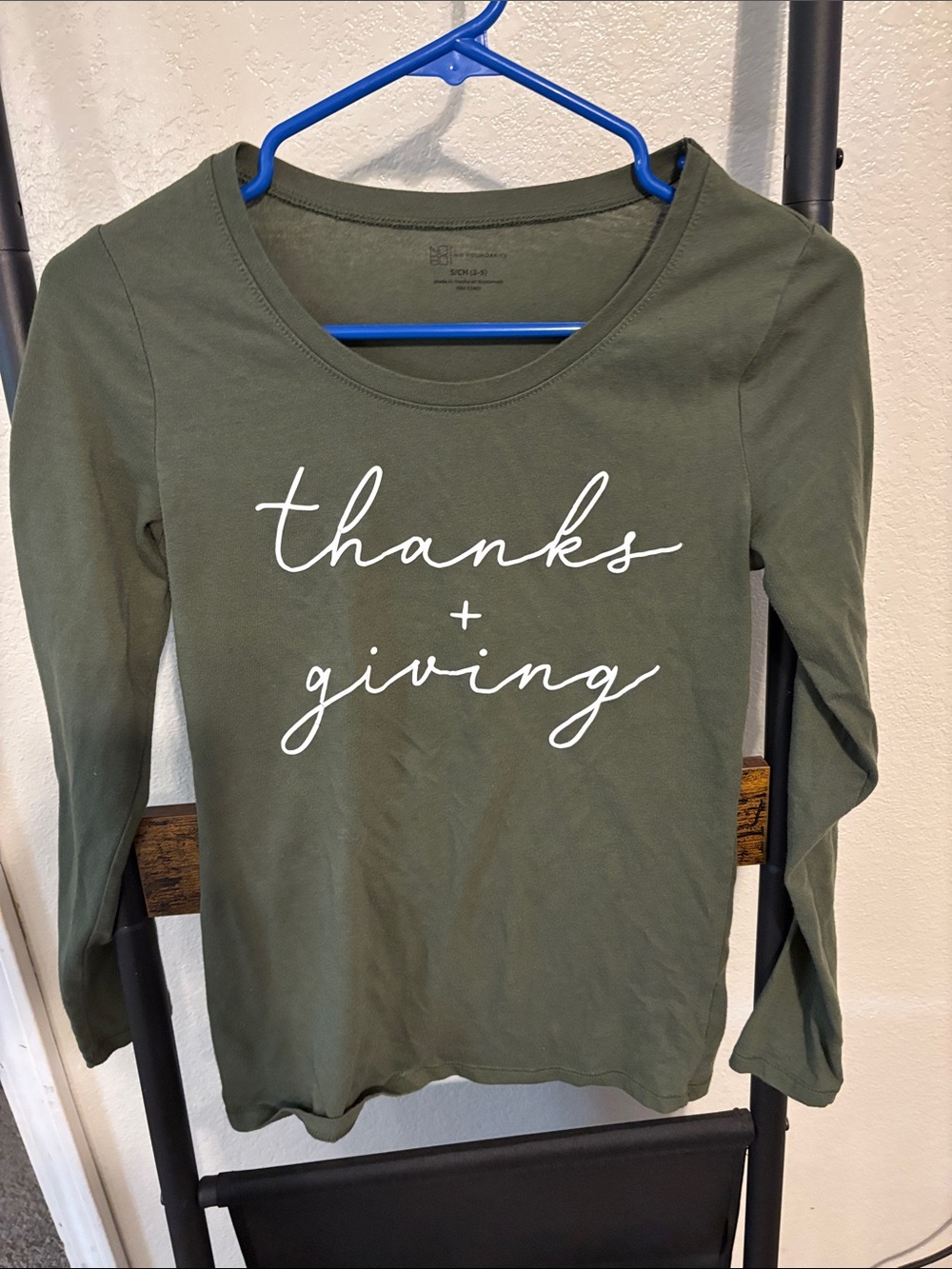 No Boundaries Olive Green 'thanks + giving' Long Sleeve Tee